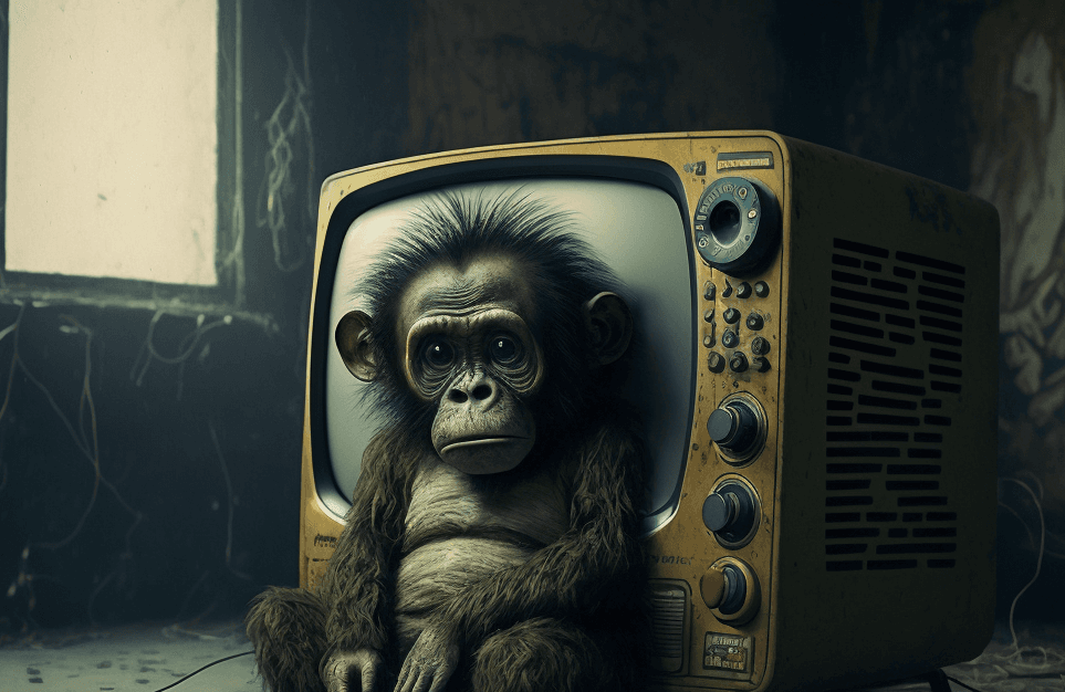 Sad chimpanzee sitting in front of broken TV
