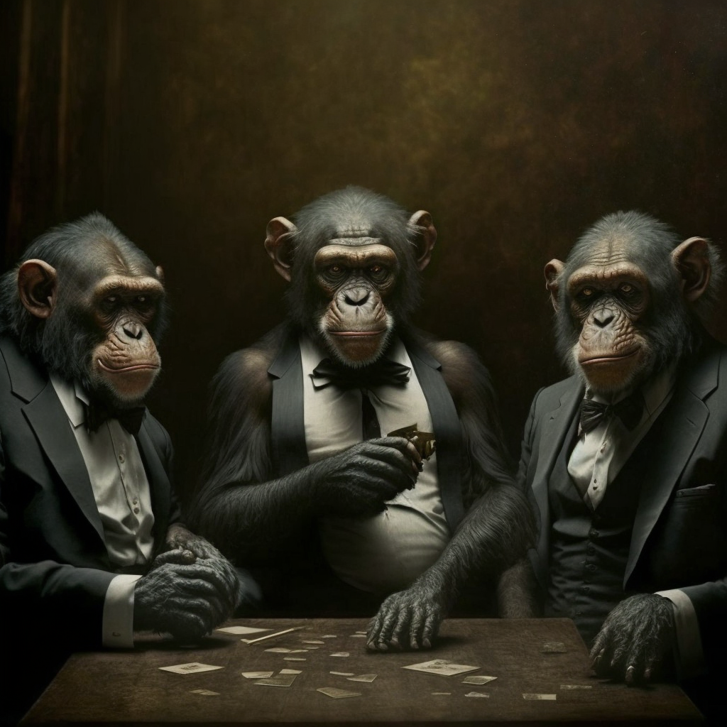 3 chimpanzees playing cards