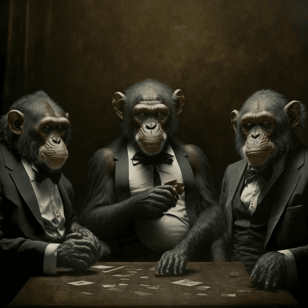 3 chimpanzees playing cards